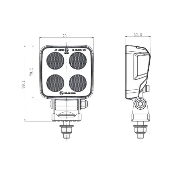 Dimensions Lampe de travail LED carrée 2 976 lm 12 V 24 V | Feu de recul homologué R10 R23