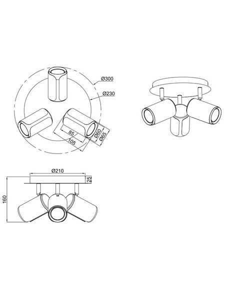 Plafonnier 3 spots GILLAN Ø30cm ampoule excl. 3x GU10 max. 10 W IP20