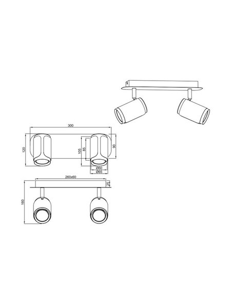 Réglette lumineuse réglable à 2 spots GILLAN, ampoule exclue. 2x GU10 max. 10 W IP20