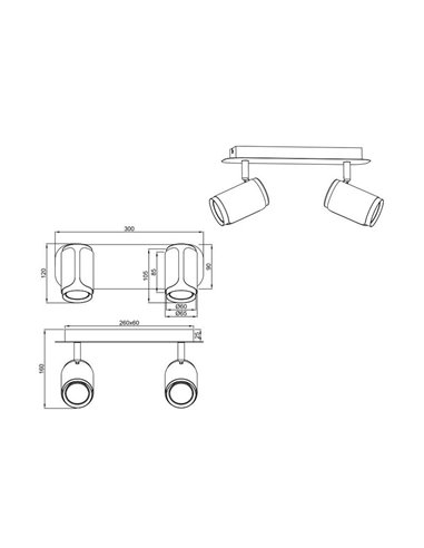Réglette lumineuse réglable à 2 spots GILLAN, ampoule exclue. 2x GU10 max. 10W IP20 blanc