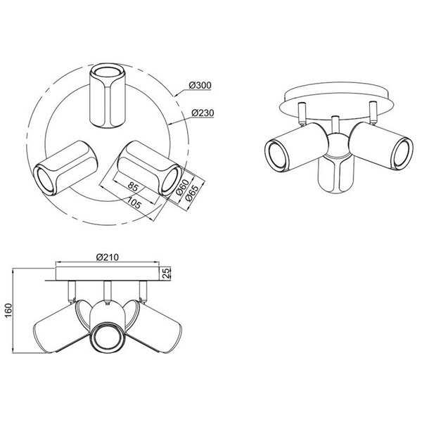 Plafón de techo redondo GILLAN Ø30cm con 3 focos bombilla excl. 3x GU10 max. 10W IP20 blanco
