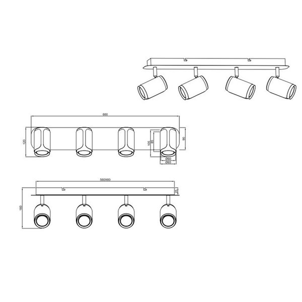 Barrette de 4 spots orientables GILLAN, ampoule exclue. 4x GU10 max. 10W IP20 blanc