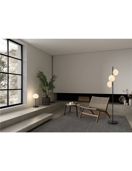 Lampadaire minimaliste avec 3 abat-jours ronds blancs CIAO, 3xE27 Ø18, laiton mat/noir