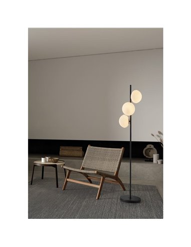 Lampadaire minimaliste avec 3 abat-jours ronds blancs CIAO, 3xE27 Ø18, laiton mat/noir