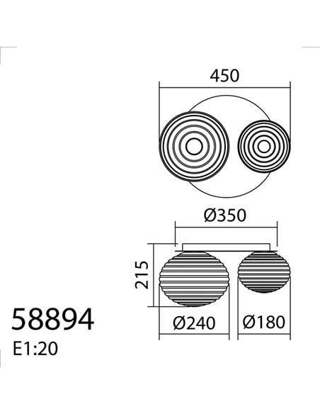Plafón de techo con 2 tulipas CIAO, 1xE27 Ø24  - 1xE27 Ø18, latón mate/negro