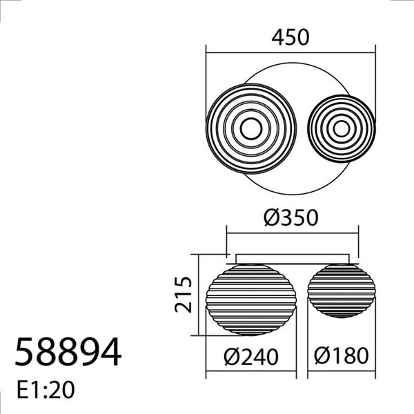 Plafón de techo con 2 tulipas CIAO, 1xE27 Ø24  - 1xE27 Ø18, latón mate/negro