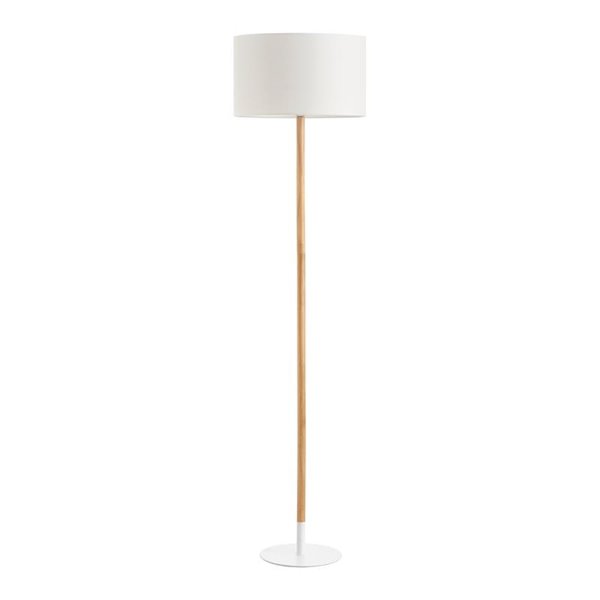 Lámpara de Pie con cuerpo de madera NOELIA, pantalla y base blanca, H: 160cm, 1xE27 