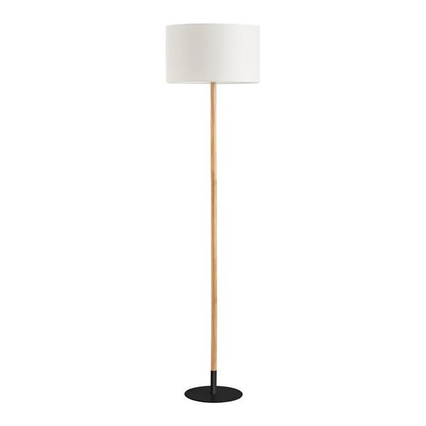 Lámpara de Pie con cuerpo de madera NOELIA, pantalla blanca y base negra, H: 160cm, 1xE27 
