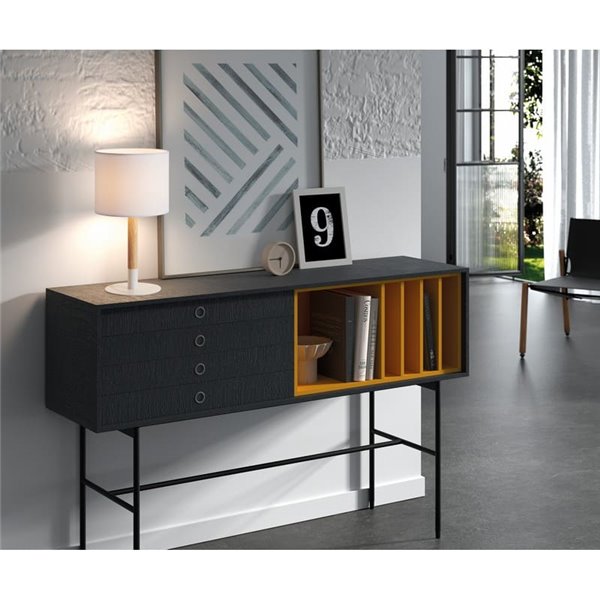 Lámpara de Pie con cuerpo de madera NOELIA, pantalla blanca y base negra, H: 160cm, 1xE27 