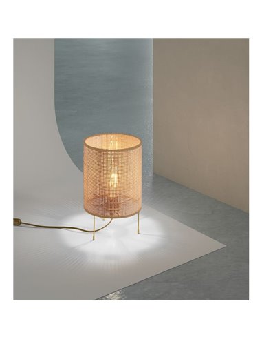 Lámpara de sobremesa rústica ATILA, detalle dorado y natural, ø19cm E27