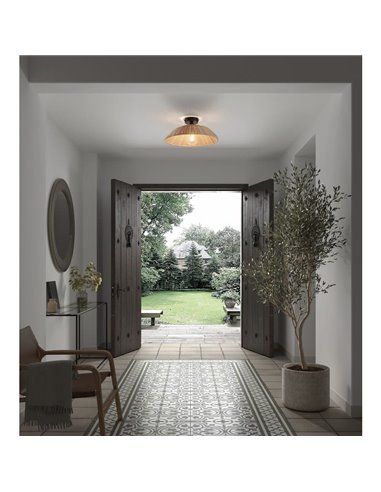 Plafón de techo con ratán natural tejido TRENZA, rúsctico con florón negro, ø40cm 1xE27