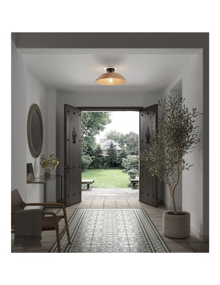 Plafón de techo con ratán natural tejido TRENZA, rúsctico con florón negro, ø40cm 1xE27