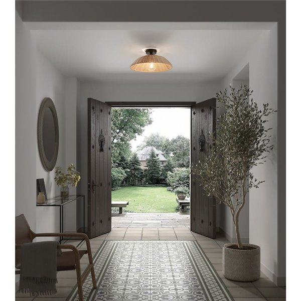 Plafón de techo con ratán natural tejido TRENZA, rúsctico con florón negro, ø40cm 1xE27