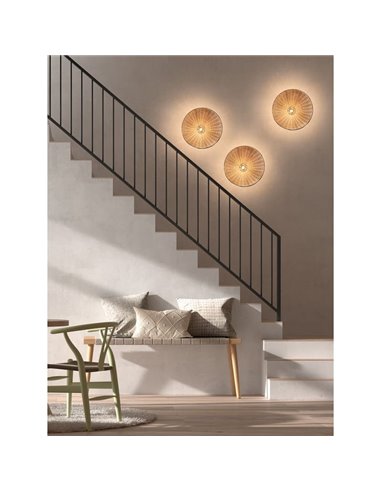 Plafón de techo con ratán natural tejido TRENZA, rúsctico con florón negro, ø40cm 1xE27