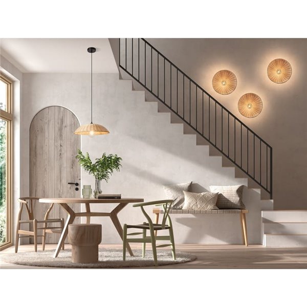 Plafón de techo con ratán natural tejido TRENZA, rúsctico con florón negro, ø40cm 1xE27