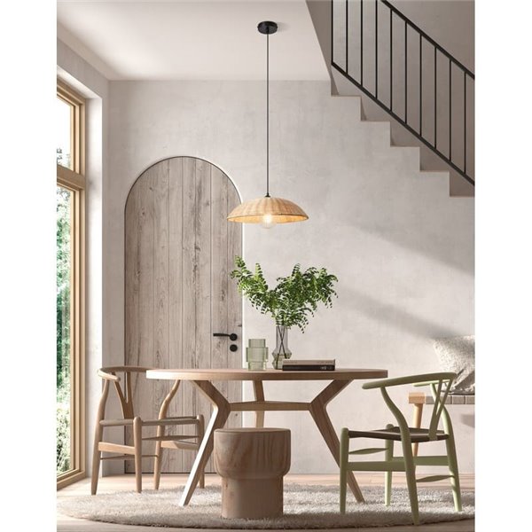 Lampe à suspension en rotin naturel TRENZA, tressée avec finition organique, câble et rosace noirs, ø40cm, 1xE27