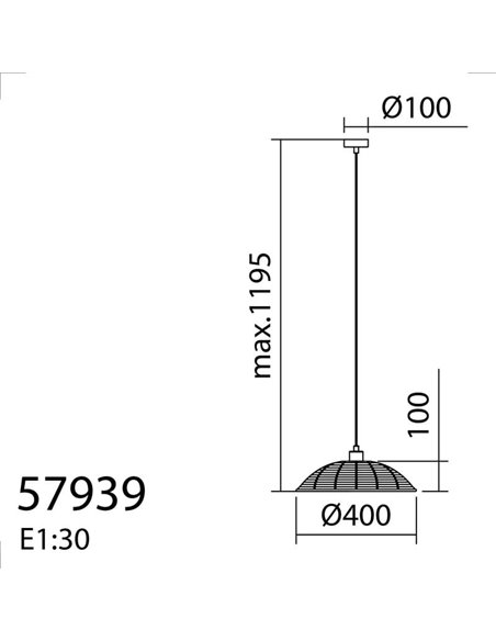 Lampe à suspension en rotin naturel TRENZA, tressée avec finition organique, câble et rosace noirs, ø40cm, 1xE27