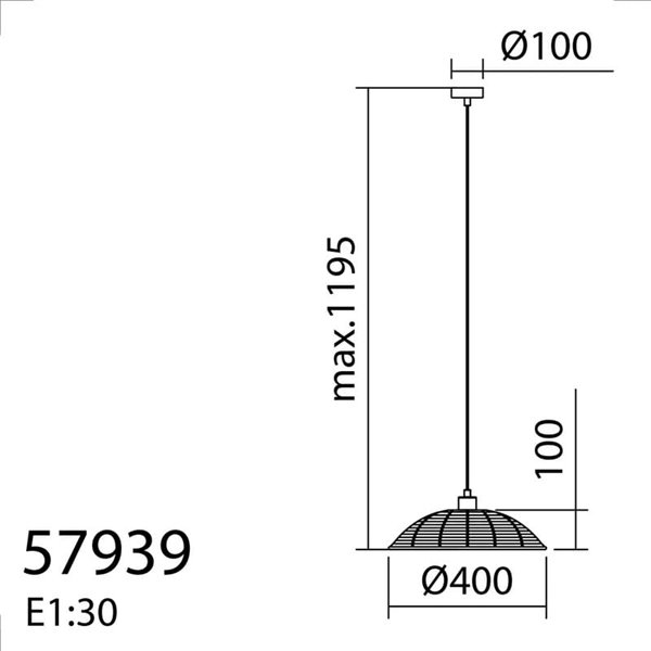 Lampe à suspension en rotin naturel TRENZA, tressée avec finition organique, câble et rosace noirs, ø40cm, 1xE27