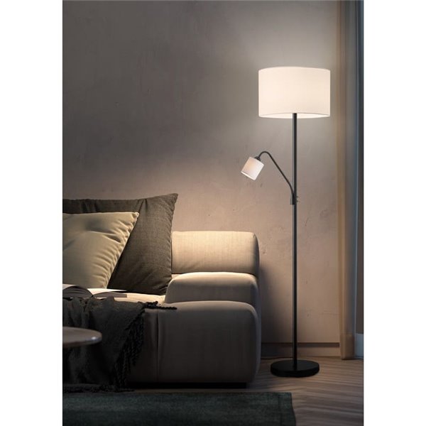 Lampadaire SAM avec abat-jour rond blanc, avec bras de lecture et mini abat-jour, E27+E14, chrome et noir