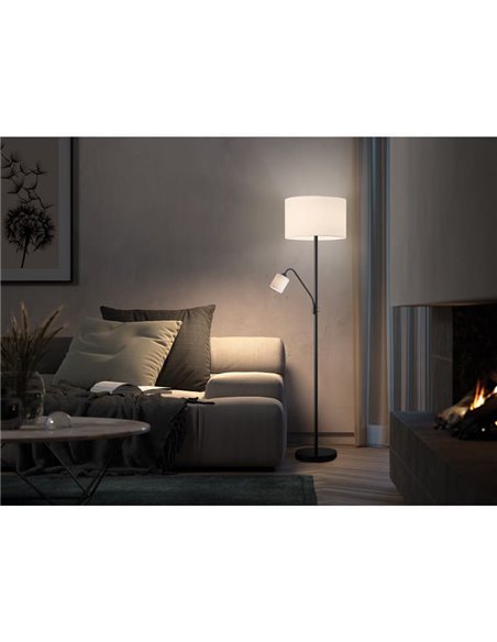 Lampadaire SAM avec abat-jour rond blanc, avec bras de lecture et mini abat-jour, E27+E14, chrome et noir