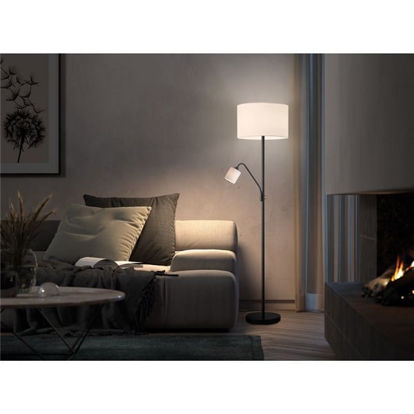 Lampadaire SAM avec abat-jour rond blanc, avec bras de lecture et mini abat-jour, E27+E14, chrome et noir
