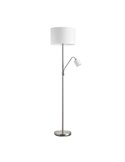 Lámpara de pie con pantalla redonda blanca SAM, con brazo lector y minipantalla, E27+E14, cromo y negro