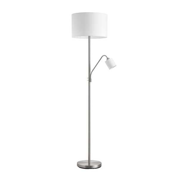 Lámpara de pie con pantalla redonda blanca SAM, con brazo lector y minipantalla, E27+E14, cromo y negro