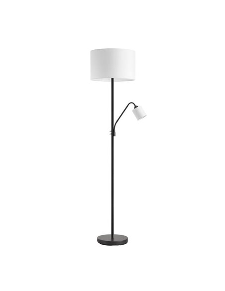 Luminária de chão SAM com cúpula redonda branca, com braço de leitura e mini cúpula, E27+E14, cromado e preto
