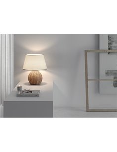 Candeeiro de mesa NAIROBI com cúpula branca e corpo redondo de vime, E27 2