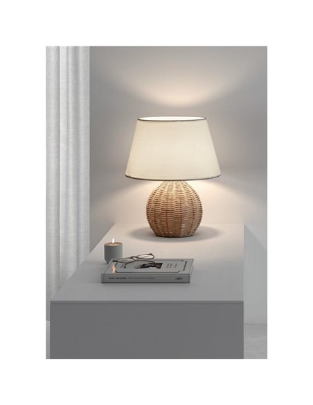 Lampe de table NAIROBI avec abat-jour blanc et corps rond en rotin, E27