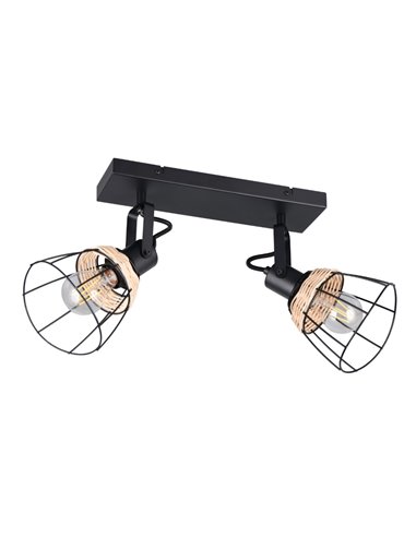 Regleta de techo JEROME con 2 focos de rejilla y rattán bombilla excl. 2x E27 max. 10W IP20