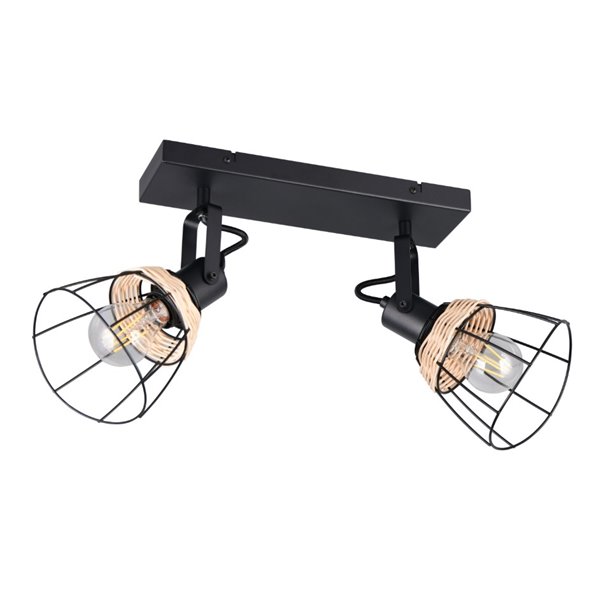 Regleta de techo JEROME con 2 focos de rejilla y rattán bombilla excl. 2x E27 max. 10W IP20
