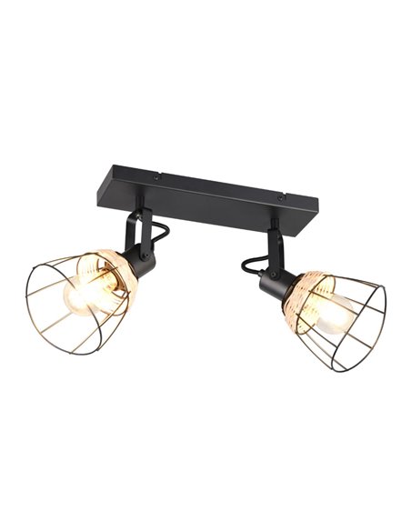 Plafonnier JEROME avec 2 spots grille et rotin, ampoule excl. 2x E27 max. 10 W IP20