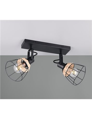 Regleta de techo JEROME con 2 focos de rejilla y rattán bombilla excl. 2x E27 max. 10W IP20