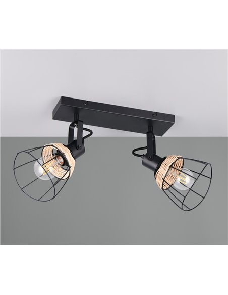 Regleta de techo JEROME con 2 focos de rejilla y rattán bombilla excl. 2x E27 max. 10W IP20