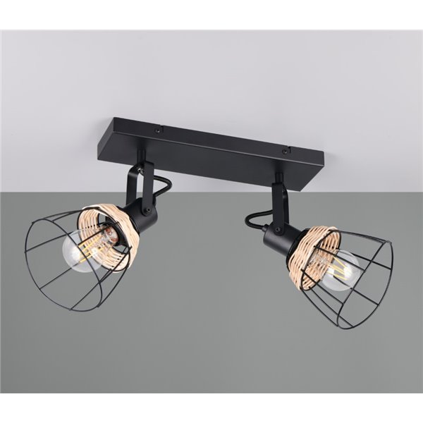 Regleta de techo JEROME con 2 focos de rejilla y rattán bombilla excl. 2x E27 max. 10W IP20