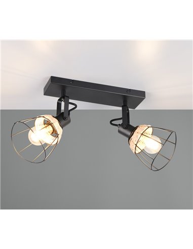 Regleta de techo JEROME con 2 focos de rejilla y rattán bombilla excl. 2x E27 max. 10W IP20