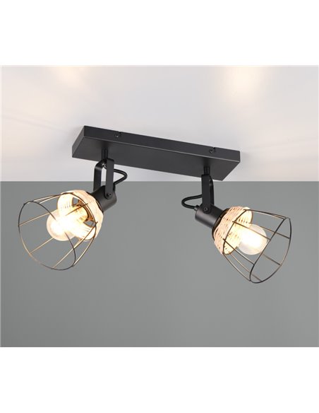 Regleta de techo JEROME con 2 focos de rejilla y rattán bombilla excl. 2x E27 max. 10W IP20