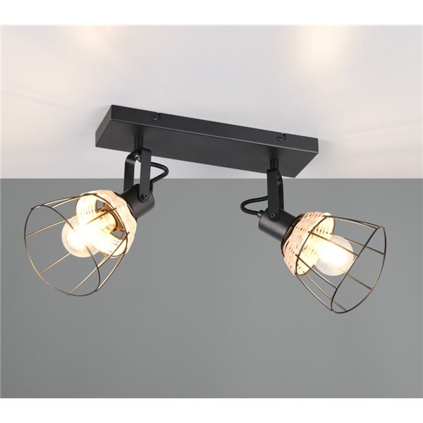 Regleta de techo JEROME con 2 focos de rejilla y rattán bombilla excl. 2x E27 max. 10W IP20