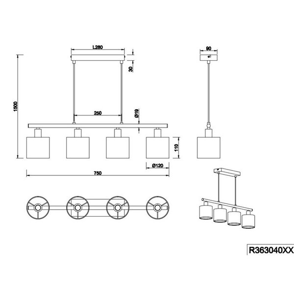 Lampe à suspension JASON avec 4 abat-jours en verre hauteur réglable ampoule excl. 4x E14 max. 10 W IP20