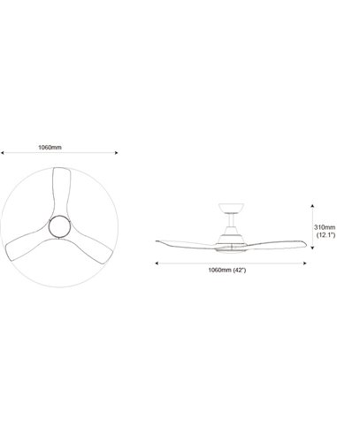 Ventilador de techo LED OLAS, dimable, 42" 30W+24W blanco y aspas anchas madera, con mando a distancia