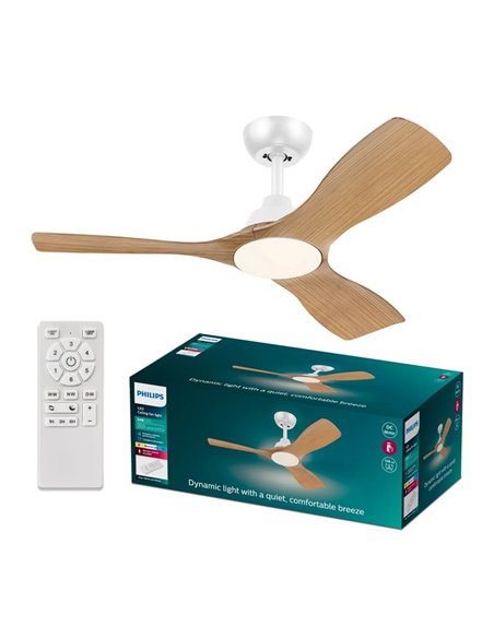Ventilateur de plafond LED OLAS, dimmable, 42" 30W+24W blanc avec larges pales en bois, avec télécommande