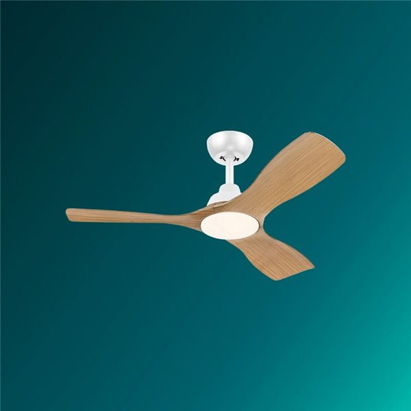 Ventilateur de plafond LED OLAS, dimmable, 42" 30W+24W blanc avec larges pales en bois, avec télécommande