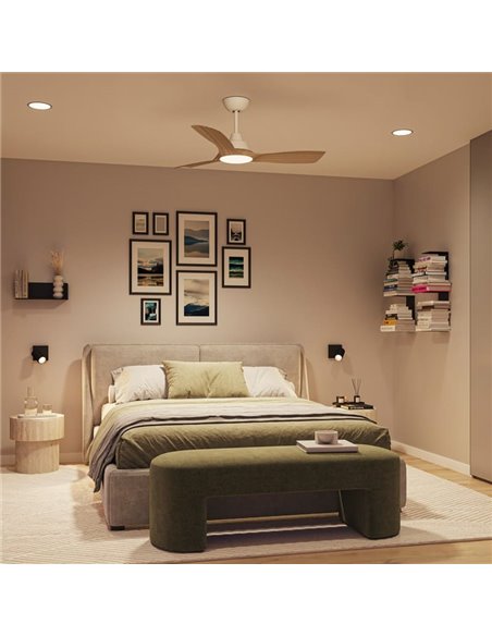 Ventilador de techo LED OLAS, dimable, 42" 30W+24W blanco y aspas anchas madera, con mando a distancia