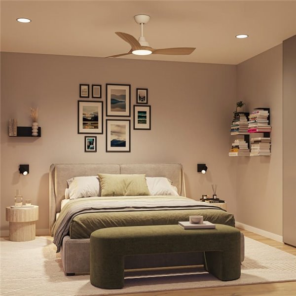 Ventoinha de teto OLAS LED, regulável, 42" 30W+24W branco com pás largas de madeira, com controle remoto