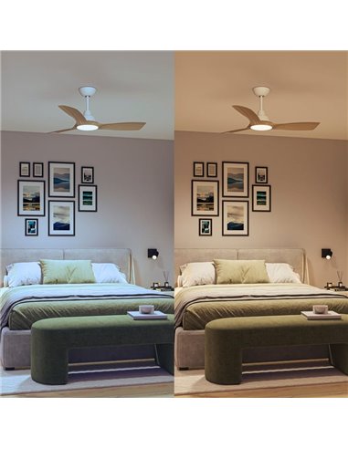 Ventoinha de teto OLAS LED, regulável, 42" 30W+24W branco com pás largas de madeira, com controle remoto