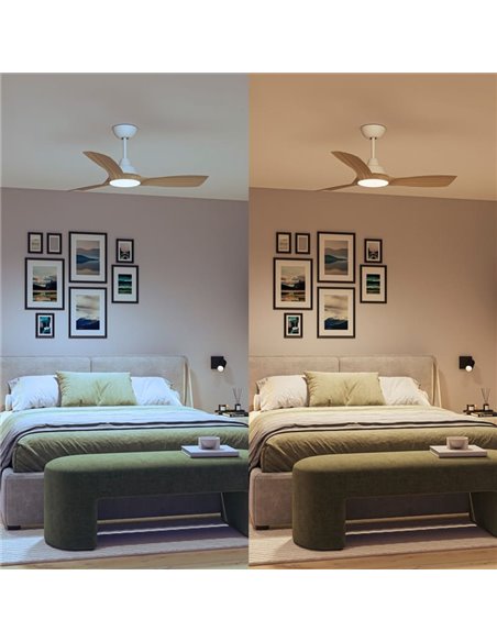 Ventoinha de teto OLAS LED, regulável, 42" 30W+24W branco com pás largas de madeira, com controle remoto