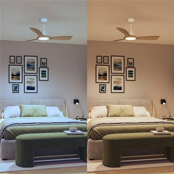 Ventilateur de plafond LED OLAS, dimmable, 42" 30W+24W blanc avec larges pales en bois, avec télécommande