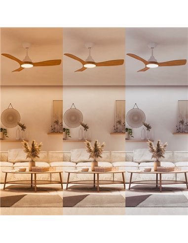 Ventilateur de plafond LED OLAS, dimmable, 42" 30W+24W blanc avec larges pales en bois, avec télécommande