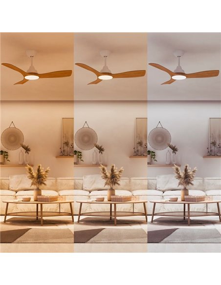 Ventilateur de plafond LED OLAS, dimmable, 42" 30W+24W blanc avec larges pales en bois, avec télécommande